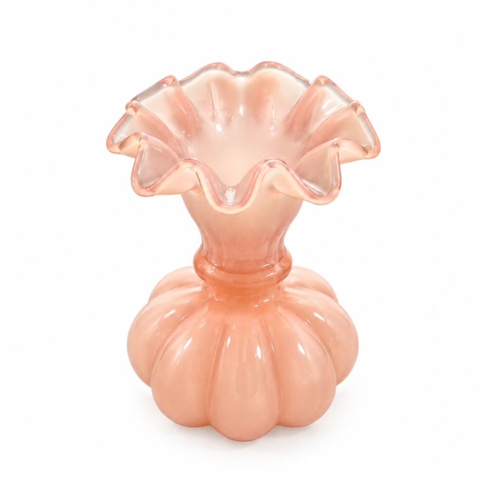 Vintage Fenton Rose Pink Cased Glass Ruffled Melon Vase